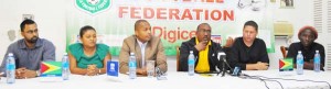 Head Coach Jamaal Shabazz makes a point during the press conference in the presence of Assistant Coach Wayne Dover (right) and other GFF officials