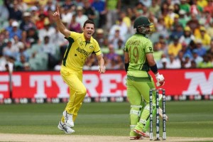  Josh Hazlewood celebrates the wicket of Ahmed Shehzad, Australia v Pakistan, World Cup 2015, 3rd quarter-final, Adelaide, yesterday  ©Getty Images