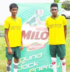 Mae’s scorers Darshan Persaud (left) and Hakiem Hutson pose for a photo op following the team’s win yesterday.