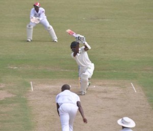 Rajendra Chandrika smashes Guyanese born Red Force pacer Marlon Richards for four.