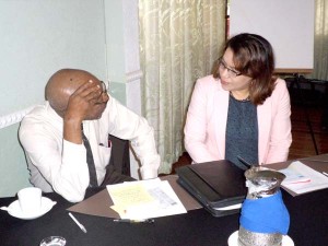 Guyana’s Minister of Foreign Affairs Carolyn Rodrigues-Birkett in discussion with Director General for the CARIFORUM Percival Marie before the Project launch