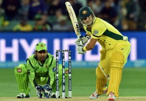 Shane Watson lines up to hit the ball, Australia v Pakistan, World Cup 2015, 3rd quarter-final, Adelaide, yesterday ©AFP