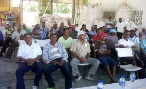 Rice farmers at a meeting with senior officers of the Guyana Rice Development Board.