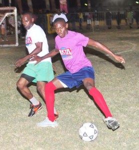 Part of the action on opening night of the Busta Soft Shoe Football Tournament which kicked off on Thursday evening at the GFC ground.