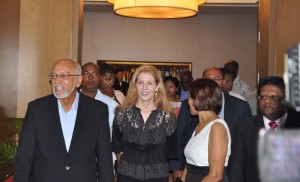From left: President Donald Ramotar, Brenda Durham, Senior Vice President and Regional General Counsel for Marriott International and other officials made their way through one of Marriott’s meeting halls.