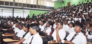 A section of the students gathered yesterday in the George Walcott Lecture Theater (GWLT)