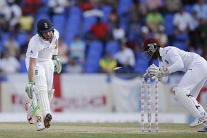 Ian Bell was run out after a mix-up with Gary Ballance, West Indies v England, 1st Test, North Sound, 3rd day, April 15, 2015 © Associated Press