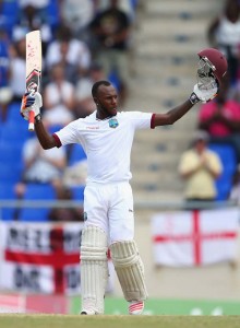 Jermaine Blackwood celebrates his maiden Test hundred, West Indies v England, 1st Test, North Sound, 3rd day, April 15, 2015 ©Getty Images