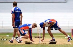 Joe Root and Alastair Cook have a feel of the Test surface, Grenada, April 20, 2015 (Getty Images)