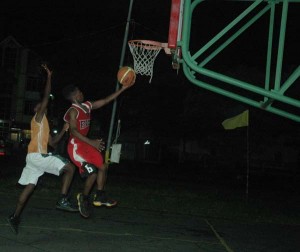 BEATEN! Eagles’ guard, Kheon Evans beats his defender to the rim for a left-handed lay-up at Burnham Court, Saturday night.