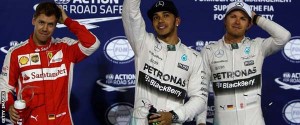 Lewis Hamilton (centre) qualified again for pole position ahead of Sebastian Vettel (left) and Nico Rosberg. (Getty Images)