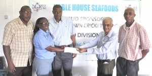Piercy Corlette of Noble House Seafoods Presents the sponsorship cheque to GCA’s Debbie McNichol in the presence of GCA President Roger Harper (middle), Mark Harper (left) and Shawn Massiah (right). 