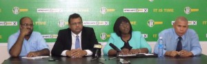 (Left to right) The APNU+AFC Press Conference was attended by Chief Communications Officer Imran Khan, Dr. Surendra Persaud, Dr. Karen Cummings and Dr. George Norton 