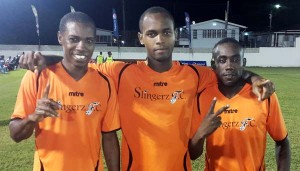 Bakewell Slingerz FC goal scorers from left, Anthony ‘Awo’ Abrams, Julian Wade and Devon Millington. 