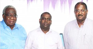 From left: President of the Guyana Manufacturing & Services Association (GMSA) Clinton Williams, Chairman of the Private Sector Commission (PSC) Ramesh Persaud and President of the Georgetown Chamber of Commerce and Industries (GCCI) Lance Hinds