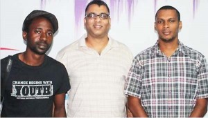 (Left to right) Head of Communications for the Guyana National Youth Council (GNYC) Francis Bailey, Administrator for Youth Movement Guyana and Robin Singh, and Chairman of Blue Caps, Michael Leonard 