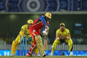 Chris Gayle dabs it back to the bowler, Chennai Super Kings v Royal Challengers Bangalore, IPL 2015, Qualifier 2, Ranchi, May 22, 2015 ©BCCI