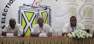 (From left) GECOM’s Chief Election Officer Keith Lowenfield, Chairman Steve Surujbally and PRO Richard Francois