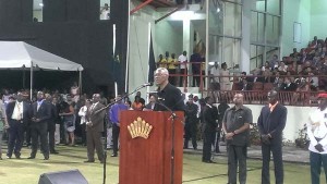 President David Granger during his inauguration speech at yesterday’s Independence Day celebrations at the National Stadium 