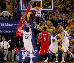 Houston Rockets center Dwight Howard (12) dunks to score a basket against the Golden State Warriors during the second half in game two of the Western Conference Finals of the NBA Playoffs. (Cary Edmondson-USA TODAY Sports)