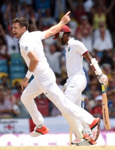  James Anderson removed Kraigg Brathwaite second ball, West Indies v England, 3rd Test, Bridgetown, 2nd day, May 2, 2015. (AFP)
