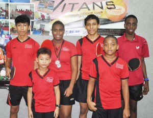 Members of the touring contingent that participated in the T&T’s Junior Cadet Silver Bowl Championships pose for a photo op on Monday at the Guyana Red Cross Society. (Back row standing from L-R are Miguel Wong, Priscilla Greaves, Stefan Corlette and Nockolas Romain, while front row L-R are Colin Wong and Isaiah Layne. 