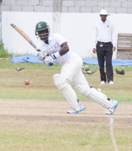  Umpire Javeed Persaud admires Shemroy Barrington as he flicks for four during his undefeated ton.