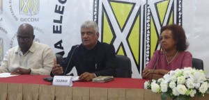 (From left) GECOM’s Chief Elections Officer Keith Lowenfield, GECOM’s Chairman, Dr. Steve Surujbally and UNDP Resident Representative Khadija Musa
