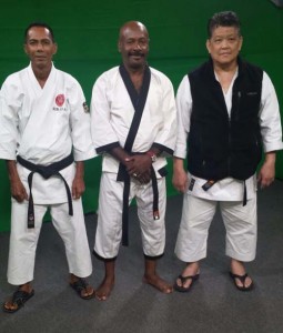 Messiah is flanked by renowned karatekas, Jeffery Wong (left) and Frank Woon-a-Tai. 