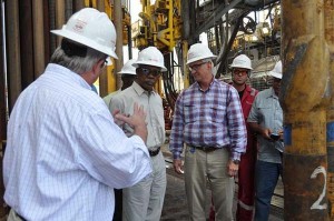 President Granger being briefed yesterday on the operations of ExxonMobil’s oil rig, the Deepwater Champion.
