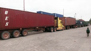 Trucks lined up in front of John Fernandes Ltd. terminal.