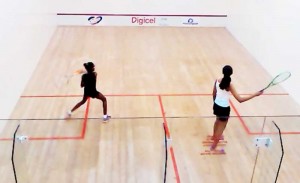 Abosaide Cadogan (left) serving en route to victory over Teija Edwards.