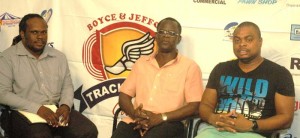 Chairman of Boyce & Jefford Track and Field Committee, Colin Boyce (centre) makes a point in Linden during an interview with NCN’s Jonathan Craig (left), with Co-Chairman, Edison Jefford also sharing the occasion.