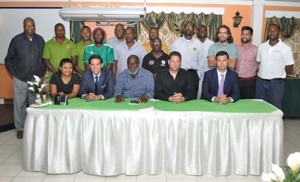 CONCACAF officials, GFF staff and local club representatives at a GFF Elite League meeting.