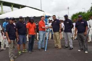 GSJV Project Manager, Max Scott presents the equipment to EBDCA head Anand Kalladeen in the presence of (from left) Vice-presidents Johnny Azeez and Rohan Sarjoo, GSJV Social Responsibility Manager Flexton Slowe, and EBDCA representatives Colin Stuart and Olufemi Sandy 