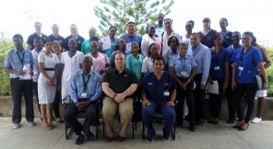 (seated, right to left) Dr. Zulfikar Bux, Head of the A&E Services at the GPHC, Dan Batsie of the Atlantic EMS Group and EMT with the GPHC Ron Morrison with several participants following the conclusion of the programme 