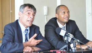 FIFA Head of Member Associations Primo Cavaro FIFA (left) and GFF NC Chairman Clinton Urling during yesterday’s press conference.