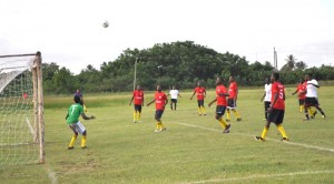 Part of the action in Guysuco Training Centre (GTC) win over Central Corentyne Secondary in latest Digicel schools football. 