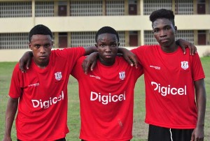 (from right)- Kwakwani goalscorers Linden James, Kevin Carter and Cassius Campbell pose for a photo op yesterday at theb Wisburg ground.