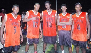 From left, Ravens’ future stars from their U-23 team, Triston Burnett, Carlos Edwards, Rondell Archer, Sebastian Luke and Stephan Joseph pose for a photo opportunity after dismantling Colts Saturday night Burnham Basketball Court.
