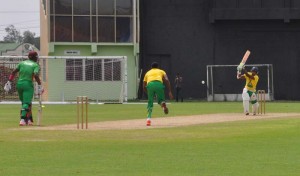 Shiv Chanderpaul drives during yesterday’s Simulation session at Providence.