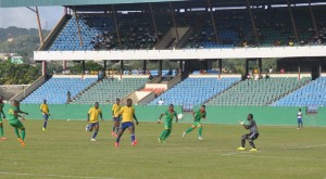 Substitute Ricky Shakes (#14) shoots past SVG’s goalie Winslow Mc Dowall for Guyana’s second goal.