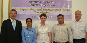  (From Left) Head of the EU Delegation to Guyana, Ambassador Robert Kopecky, Deputy, Executive Director, Caribbean Regional Fisheries Mechanism Secretariat Dr. Susan Singh -Renton, Consultant Expert from Matis Ltd. Icelandic Food and BioTech R&D, Helga Gunna Laungsdo‘ttir, Chief Fisheries Officer, Ministry of Agriculture Denzil Roberts and  another  consultant expert from Matis Ltd, Margeir Gissurarso