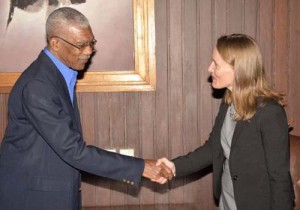 President David Granger greets Canadian High Commissioner to Guyana, Dr. Nicole Giles, at the Ministry of the Presidency.