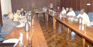 President Granger and his team of ministers meeting with miners yesterday.