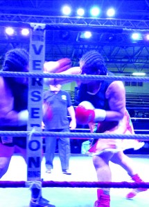 Gwendolyn O’Neil fight – Gwendolyn O’Neil (right) punches Sonya Lamonakis during their UBF title fight in St Maarten. 