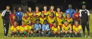 The Guyana Lady Jaguars squad and coaching staff following a recent practice session.