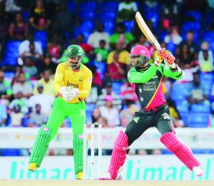 Marlon Samuels leading the way for the Patriots, after Evin Lewis’ wicket early in the innings at Warner Park, St Kitts. (CPL)