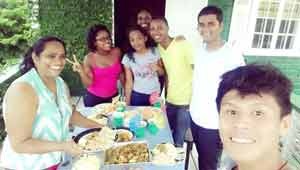 New UWC students being taught to cook Guyanese food by Merissa’s mother Davi (left). From right: Students Kyle Joseph (UWC in Canada), Saif Panday (UWC in Singapore), Stephon Roberts (UWC in China), Merissa Peterson (UWC in the USA) and UWC Guyana volunteer Deondra Wishart.