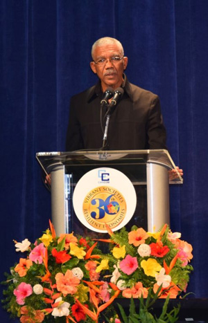 President Granger addressing the CARICOM heads yesterday in Barbados.